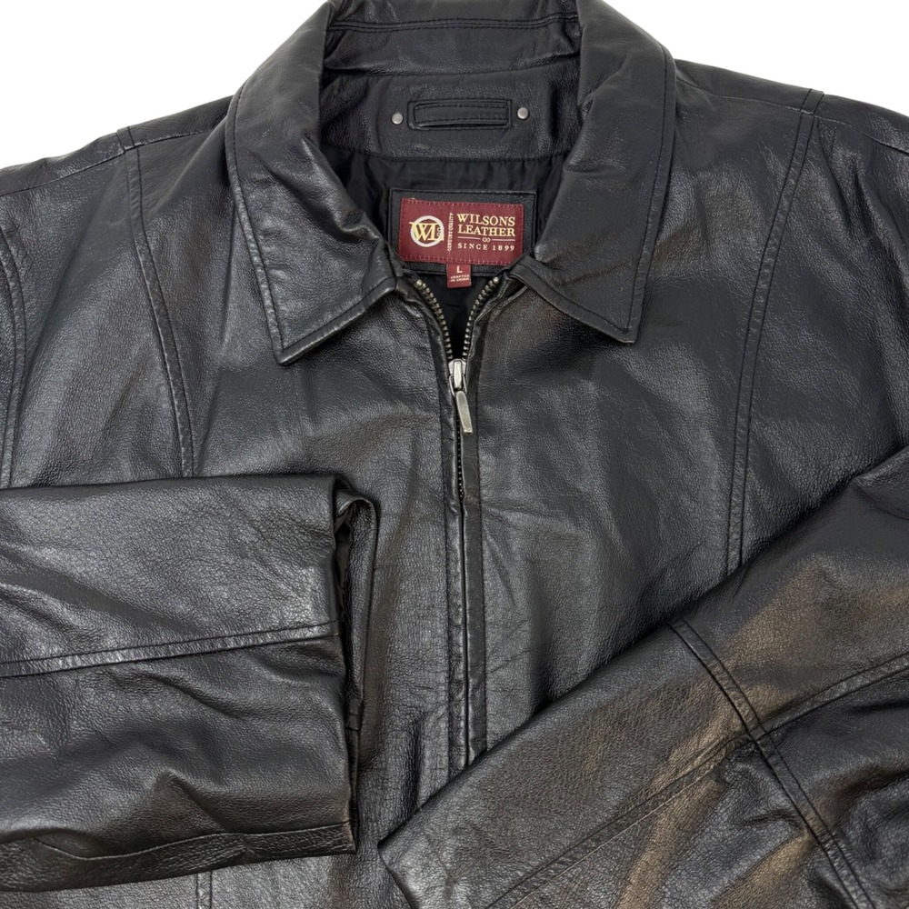 Wilsons Leather Mens Large Black Genuine Leather Full Zip Jacket RN69426 L